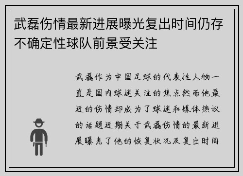 武磊伤情最新进展曝光复出时间仍存不确定性球队前景受关注